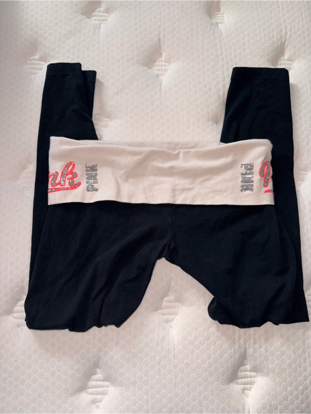 108. PINK Victoria's Secret Black Leggings with Fold-Over White Waistband Y2K